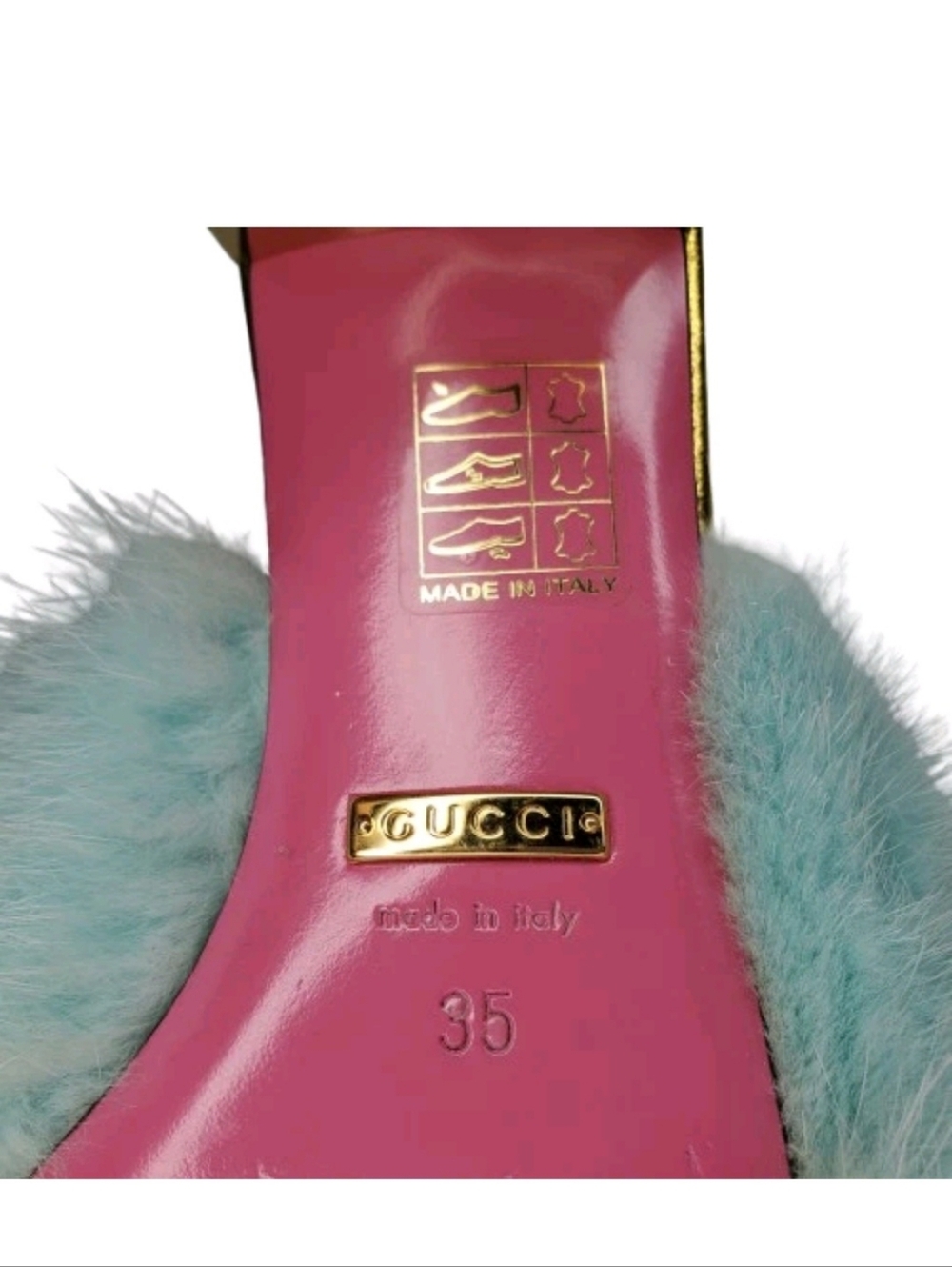 Gucci Gold Metallic Nappa Leather & Aqua Mink Fur Crystal Candy Mules - Picture 7 of 8